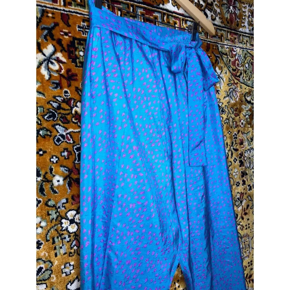 Vintage Custom 100% Silk Artsy Blue Patterned Wide Leg Pants Size M Boho Luxe